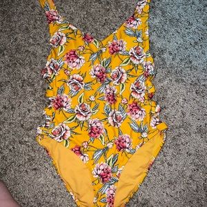 Yellow floral criss cross one piece swimsuit